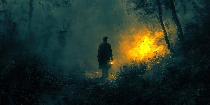 Silhouette of a man with a lantern walking through a smoky forest fire at night.