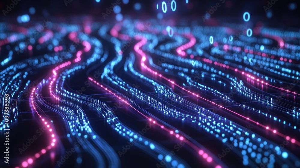 Poster Abstract digital data streams flowing in waves of blue and pink light