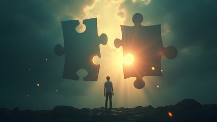 A silhouette places a glowing puzzle piece into a larger incomplete jigsaw. Floating pieces assemble in soft light rays, representing clarity and problem-solving.
