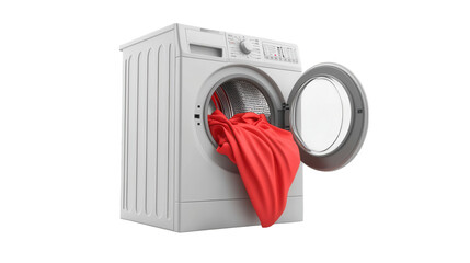 Laundry Whirlpool, open washing machine with red fabric spilling out, modern domestic appliance scene. Isolated on white background or PNG