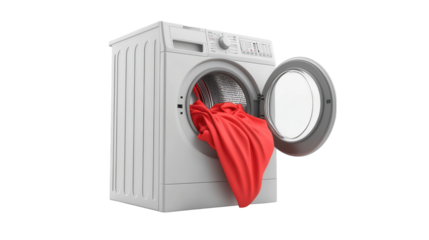 Laundry Whirlpool, open washing machine with red fabric spilling out, modern domestic appliance scene. Isolated on white background or PNG