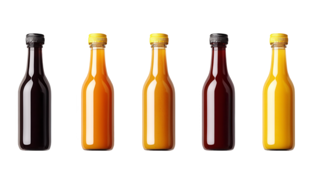 Colorful Sauce Assortment, five bottles, capped, vibrant shades, aligned neatly, minimalistic design against white backdrop Isolated on white background or PNG