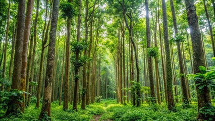 Lush teak forest in Luang Prabang, Laos with tall trees and dense vegetation, teak, natural, forest, Luang Prabang, Laos