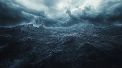 Dark stormy ocean with massive waves and dramatic clouds.