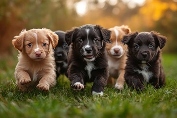 Adorable Puppies Running Through Autumn Grass