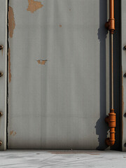 Weathered concrete wall with chipped paint and rusted metal accents, worn, aged