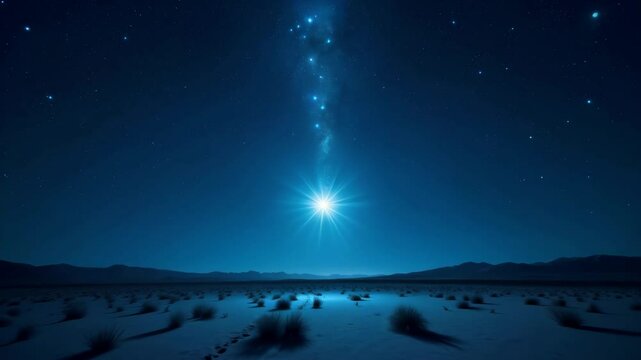 Bright shining Star of Bethlehem on dark blue starry night sky. Star of Jesus, Christmas Star. Nativity of Jesus Christ, birth of Jesus, Christmas Eve. Christian religion concept
