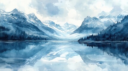 A calming watercolor mountain lake surrounded by towering peaks dusted with snow. The still water reflects the soft hues of a pale blue sky, creating a harmonious and tranquil scene. The composition 