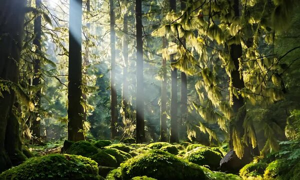 Sunlight Illuminates Lush Green Forest
