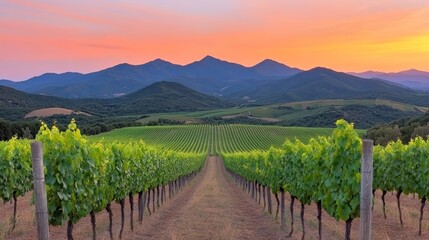 Fototapeta premium Vineyard Sunset: A breathtaking view of a vineyard at sunset, with rows of vines stretching towards the majestic mountains in the distance, bathed in a warm, golden light. 
