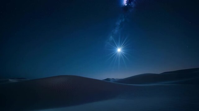 Bright shining Star of Bethlehem on dark blue starry night sky. Star of Jesus, Christmas Star. Nativity of Jesus Christ, birth of Jesus, Christmas Eve. Christian religion concept