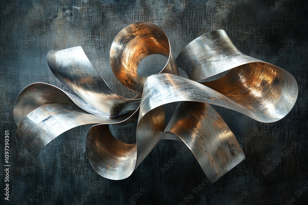 Poster a dynamic metallic sculpture featuring flowing, intertwined ribbons in a polished finish.