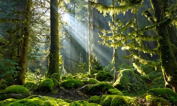 Tall Trees In Dense Green Woodland