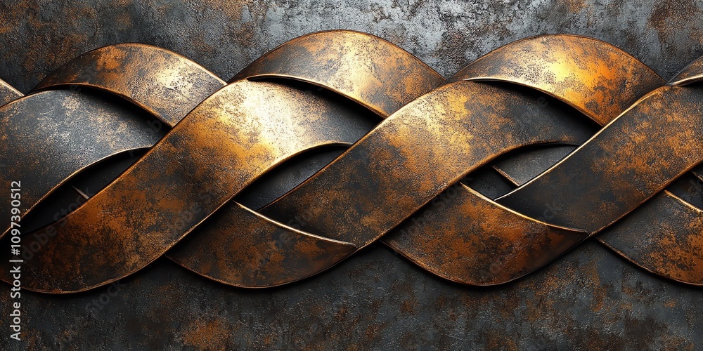 Poster a close-up of intertwined metallic ribbons with a textured, rustic finish.