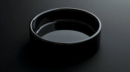A black, cylindrical bowl sits on a dark surface, reflecting light.