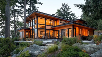 Modern orange house on hillside with large windows at dusk.