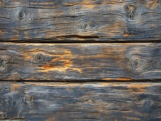 Naklejka premium Aged wood texture with a rough surface and deep grain lines in various shades of brown and black, showcasing natural imperfections and rustic characteristics.