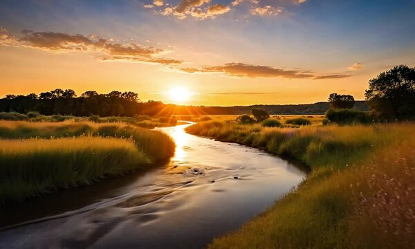 Wildflowers Along A Calm Evening River