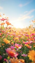 Fototapeta premium A burst of sunlight illuminates a field of flowers, highlighting their delicate petals and vibrant colors, garden landscape, sunny day, greenery, floral arrangement, sunlit flowers