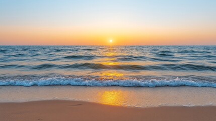 Golden Hour on the Coast: A breathtaking seascape unfolds with the warm glow of a golden sunset painting the horizon, gentle waves lapping at the sandy shore. It's a moment of tranquil beauty.