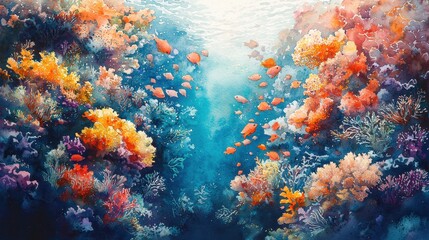 A stunning watercolor coral reef teeming with vibrant marine life in shades of turquoise, coral, and orange. Schools of fish weave through the scene, adding motion and energy. The underwater 