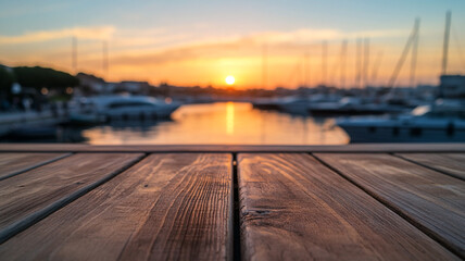 Fototapeta premium Sunset view over marina with wooden dock and boats in the harbor during evening hours