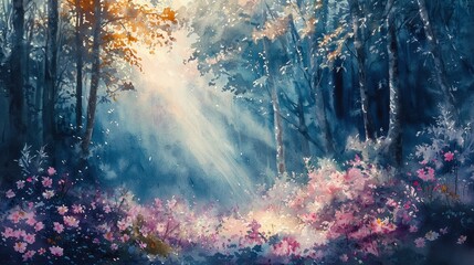 Obraz premium A tranquil watercolor forest glade lit by a single beam of sunlight breaking through the canopy. Wildflowers in soft pinks and purples carpet the forest floor, adding a touch of vibrancy to 