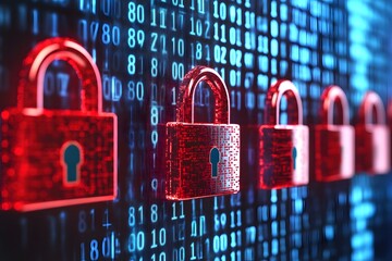 Digital locks over binary code symbolize cybersecurity and data protection.
