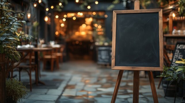 The blank blackboard menu on the wooden easel outside the downtown caf é. Suitable as a design template to showcase promotions, menus, or advertisements for cafes, restaurants, or bars.