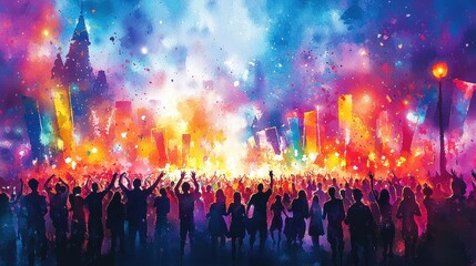 A vibrant watercolor festival scene filled with colorful banners, dancing crowds, and bright lights. The dynamic brushstrokes and bold palette capture the energy and joy of the celebration perfectly 