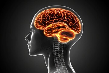 Fototapeta premium Side view of a human head with a glowing orange brain digitally illustrated against a black background showcasing cerebral function and neural pathways