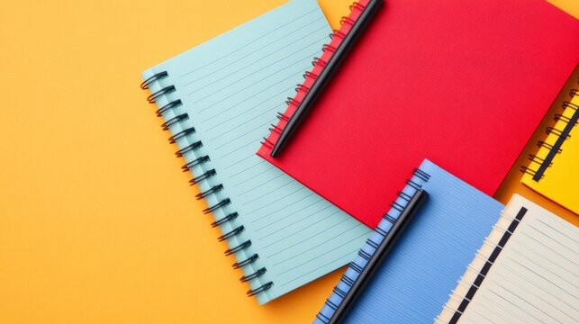 Colorful Notebooks and Pens on Yellow Background 
