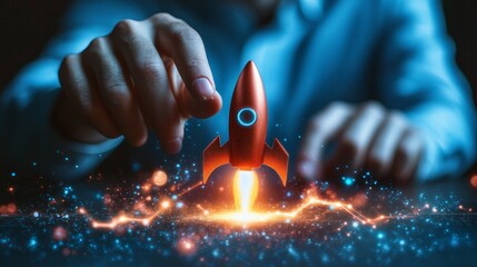 Merchants touch virtual screens with business icons (including rockets) representing growth curves, business plans, strategies, and success roadmaps in marketing, technology, and innovation.