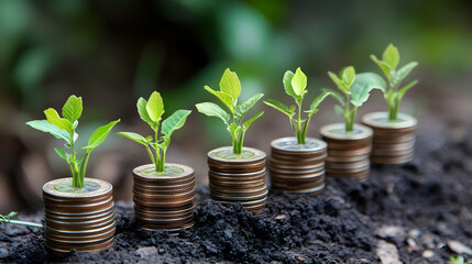 A series of coin stacks with progressively larger plants to show stages of sustainable finance growth