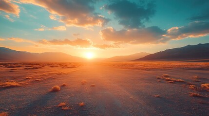 Fototapeta premium Majestic Desert Sunset: Golden Hour over Mountains and Plains