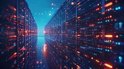 Obraz premium A futuristic data center with illuminated server racks and a reflective floor.