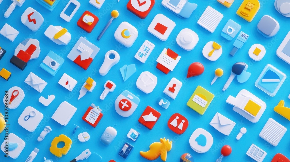 Poster colorful three dimensional app icons on blue background