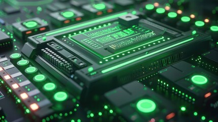 Fototapeta premium A close-up of a futuristic circuit board with glowing green elements and intricate designs.