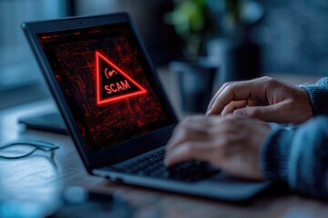 Digital risk alert: text Scam as cautionary message cyber fraud, phishing, internet deception, focusing on growing threats of online crime and need for security awareness, technological protection.