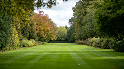 Obraz premium Lush park pathway lined with colorful trees during autumn in a serene landscape