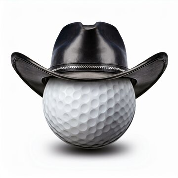 Golf ball cowboy, golfball wearing cow boy hat on white background