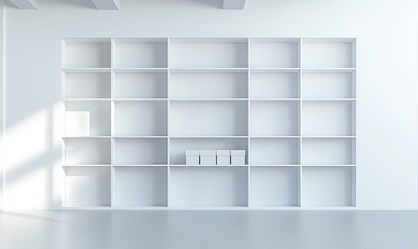  Supermarket Shelves With Blank Banners And POS Display Design. 3D rendering design. 