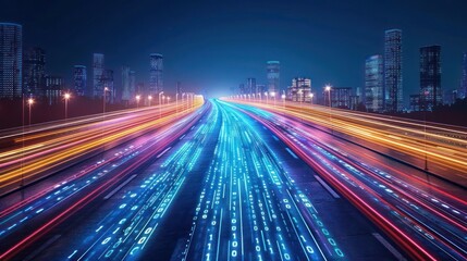 Obraz premium A vibrant cityscape at night showcasing light trails from vehicles on a highway.