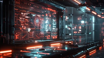 Futuristic control room with glowing interfaces and digital displays.