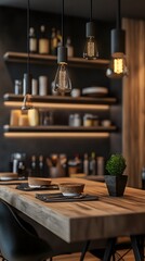 Modern kitchen interior with a wooden table, pendant lights, and organized shelves.
