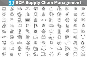 Vector Icon Collection for Supply Chain. This set includes line icons related to the supply chain, value chain, logistics, delivery, manufacturing, and commerce, SCM supply chain management Icons