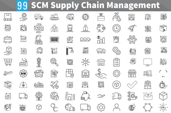 Vector Icon Collection for Supply Chain. This set includes line icons related to the supply chain, value chain, logistics, delivery, manufacturing, and commerce, SCM supply chain management Icons