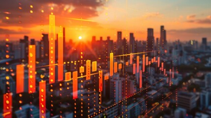 Fototapeta premium A digital financial graph overlaying a city skyline at sunset, symbolizing market trends.