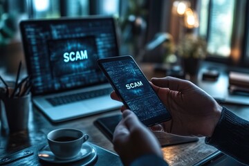 Digital risk alert: text Scam as cautionary message cyber fraud, phishing, internet deception, focusing on growing threats of online crime and need for security awareness, technological protection.