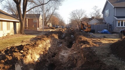 Residential street undergoing utility work, showing a long trench dug between houses with an excavator.